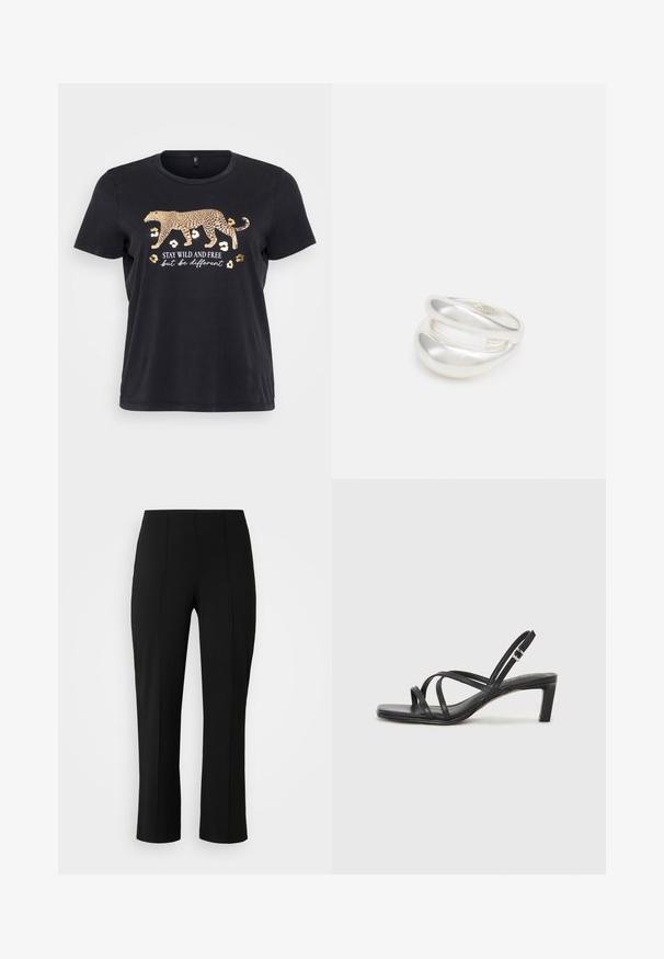 Black cotton t-shirt featuring a leopard graphic in gold with the text "STAY WILD AND FREE but be different" below. Short sleeves, round neck.; Vero Moda Curve VMCBECKY PULL ON - Trousers - black; Black strappy sandal with a square toe and a low block heel. Features multiple thin straps and an adjustable ankle strap. Made of smooth leather.; Silver double-band ring with a smooth, polished surface. Features a fluid, curved design with overlapping sections for a modern look.