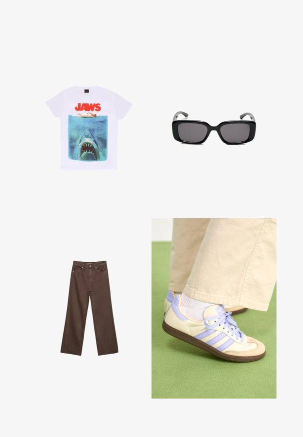Henry Tiger JAWS POSTER - T-shirts print - white; Bredde ben brun denim jeans med høj talje, forlommer og klassisk knaplukning. Glat tekstur med diskret syninger.; Creme og lavendel sneakers med tre striber og en tekstureret brun sål, der har snørebånd og en polstret hæl. Blødt stof øvre.; Sorte rektangulære solbriller med mørke linser, glat plastikramme og buede stænger. Designet er klodset med en minimalistisk æstetik.