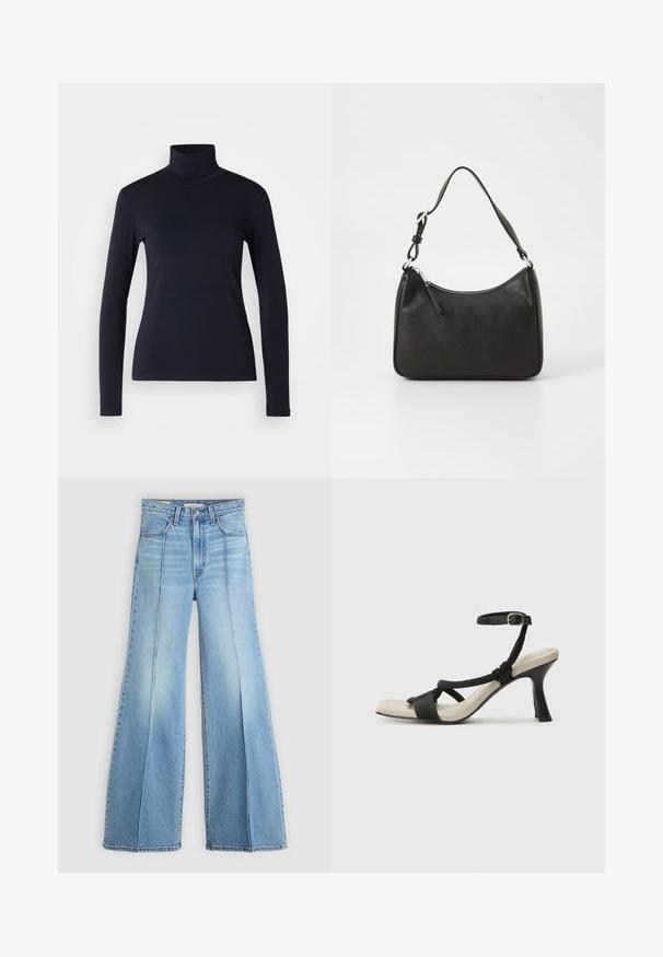Námořnický rolák s dlouhým rukávem. Vyrobeno z měkkého materiálu s hladkou texturou. Má přiléhavý střih a vysoký límec bez viditelných švů.; Světle modré džíny s vysokým pasem a širokými nohavicemi, s předními a zadními kapsami, poutky na opasek a vertikálními švy na přední části.; Černé sandály na podpatku s pleteným designem pásku, čtveratou špičkou a nastavitelným páskem kolem kotníku. Světle béžová stélka s lesklým černým podpatkem.; Černá kožená kabelka s zakřiveným tvarem, s jedním popruhem, zipovým uzávěrem a decentním logem na přední straně. Hladká textura, minimalistický design.