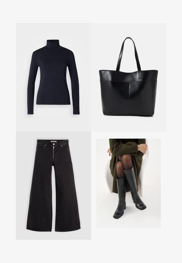 Námornícka roláková blúzka s dlhým rukávom. Vyrobená z mäkkého materiálu s hladkou textúrou. Má priliehavý strih a vysoký golier bez viditeľných švov.; Dlhé nohavice vo voľnom strihu z čierneho denimu so zipsom vpredu, päť vrecúškovým dizajnom a jemnými stehovými detailmi. Hladká textúra a neformálny štýl.; Čierne kožené čižmy po kolená so štvrtým prstom a blokovým opätkom, zobrazené s modelom sediacim v olivovo zelenej bunde. Hladká textúra, minimálne detaily.; Čierna kožená tote taška s dvoma dlhými rúčkami, hladkým povrchom a štruktúrovaným tvarom. Obsahuje prednú kapsu pre dodatočné uskladnenie.