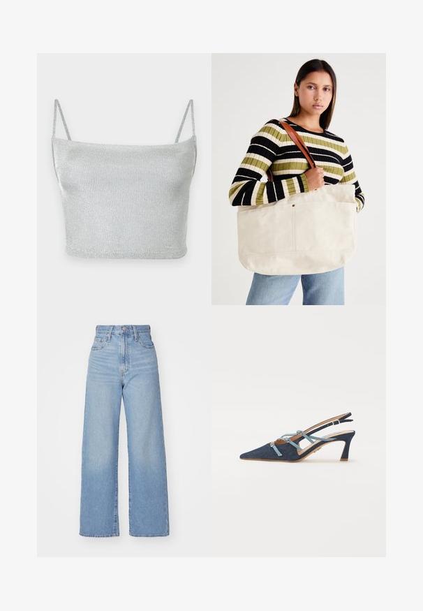 Top scurt ribbed argintiu cu bretele subțiri; realizat dintr-un material texturat, lucios, având un design ajustat și un decolteu drept.; Jeans cu talie înaltă, de culoare albastru deschis, cu croială largă, dotate cu nasture și fermoar la față, buzunare în față și spate, pe un fundal alb.; Pantofii slingback din denim, cu vârf ascuțit, curele de un blue deschis cu fundițe, toc mediu, material texturat, branț bej, cusături minime, design elegant.; Geantă mare din pânză bej, cu mânere din piele maro, având un design minimalist și accente de cusături vizibile.