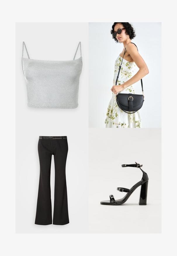 Sølv ribbet crop top med tynde spaghetti-stropper; lavet af skinnende, tekstureret stof, med et tætsiddende design og lige halsudskæring.; Sorte flagrende bukser med en tekstureret linning med metalnitter. Stoffet har en subtil glans og en glat overflade.; Sorte patenterede hælsandaler med firkantet tå, ankelremme og sølvspænder. Har en chunky blokHæl for stabilitet.; Sort læderhåndtaske med en buet form, aftagelig rem og guldfinish. Tasken har en klap med en spænde detalje.