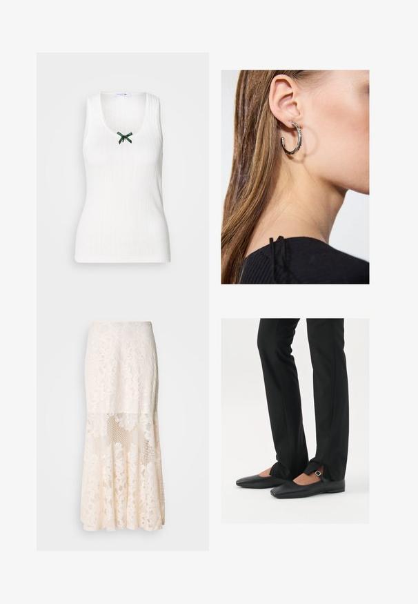 White sleeveless tank top with ribbed texture, a v-neckline, and a green bow accent on the front. Features subtle branding throughout.; Floral lace midi skirt in cream; features layered design with sheer sections, textured lace, and a flared hem.; Black leather ballet flats with a pointed toe, strap with silver buckle, paired with black tailored pants featuring a slit hem.; Silver hoop earring with a polished finish, featuring small gold accent details and a round shape, worn on the lobe.
