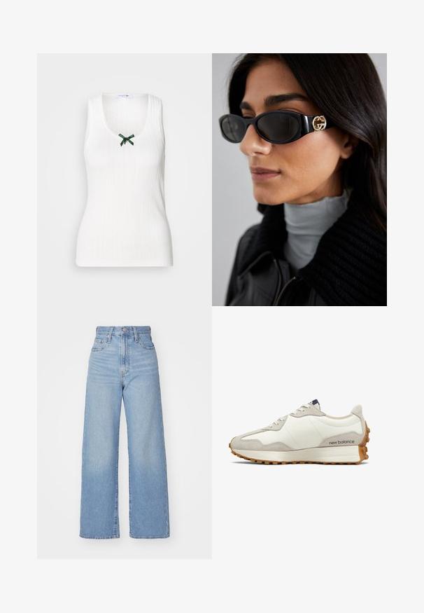 Canottiera bianca senza maniche con texture a costine, scollo a V e un accento a fiocco verde sul davanti. Presenta un logo sottile su tutta la superficie.; Jeans a vita alta blu chiaro con gamba larga, chiusura frontale con bottone e zip, tasche anteriori e posteriori, su uno sfondo bianco.; Sneaker bianca e beige con tomaia in pelle liscia, dettagli in suede, punta rotonda e suola in gomma testurizzata. Nome del brand stampato sul lato.; Occhiali da sole neri con una montatura rettangolare elegante e un accento del logo dorato sul lato. Le lenti scure e la finitura lucida sono evidenti.; Borsa a spalla in tessuto nero con accessori in tonalità oro, dotata di un ampio scomparto con zip e due piccole tasche laterali con zip.; Orecchini a cerchio in metallo argentato con design texturizzato, dotati di un piccolo perno e con il marchio su un orecchino. Forma arrotondata con finitura lucida.