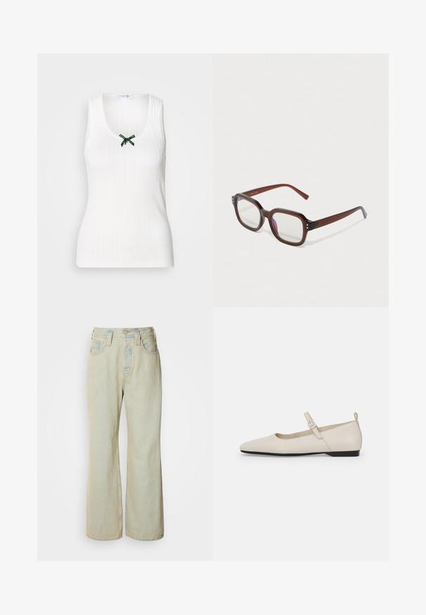 Bela brezrokavnica z rebrasto teksturo, z v-izrezom in zelenim naglavnim trakom spredaj. Ima subtilno blagovno znamko skozi celotno obleko.; Svetlo modri široki kavbojki iz denima, z visokim pasom, petimi žepi in subtilnim zbledelostjo z kontrastnimi šivi.; Bele balerinke iz belega usnja Mary Jane s špicastim nosom, stranskim zaponko in nizkim črnim peto. Gladka tekstura in minimalističen dizajn.; Rjavi prozorniki pravokotne oblike z jasnimi lečami, lahkim purpurnim odsevom in majhnimi zlatimi okrasnimi pikami na sprednjih vogalih.; Srebrna obročasta uhana s polirano površino, ki vključuje majhne zlate poudarke in okroglo obliko, nošena na ušesnem lobu.