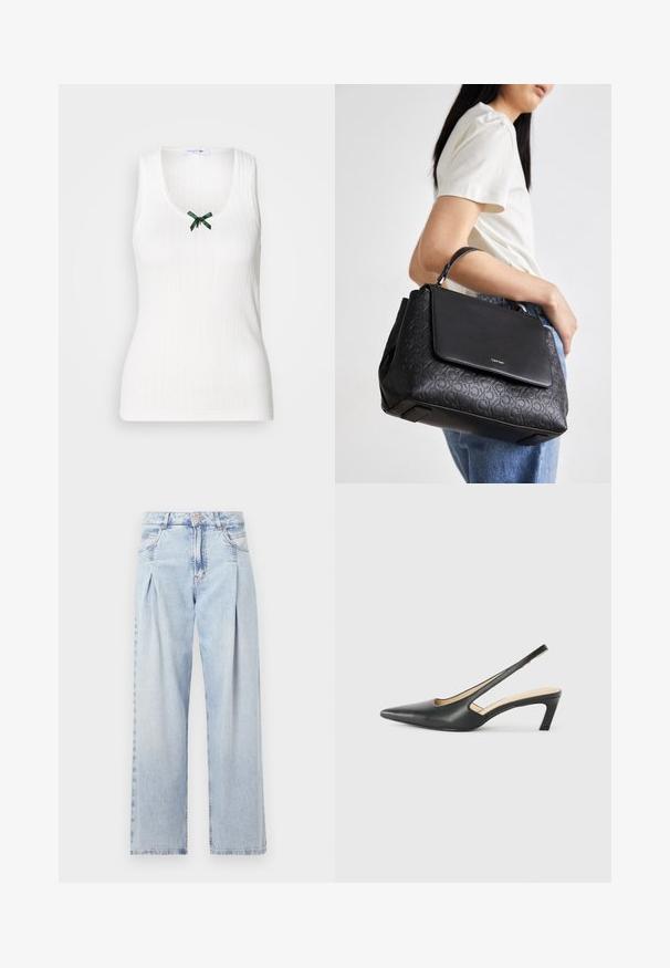 Weißes ärmelloses Tanktop mit gerippter Textur, einem V-Ausschnitt und einem grünen Schleifenakzent an der Vorderseite. Enthält dezente Markenkennzeichnung.; Helle blaue Denim-Jeans mit hoher Taille, weitem Beinschnitt, zwei seitlichen Taschen und gefaltetem Design. Weiche Textur mit einem ausgebleichten Finish.; Schwarzer spitz zulaufender Slingback-Schuh mit niedrigem Absatz, der aus glattem Leder gefertigt ist und seitliche Ausschnitte für Atmungsaktivität aufweist.; Calvin Klein MUST TOP HANDLE MONO - Handtasche - black