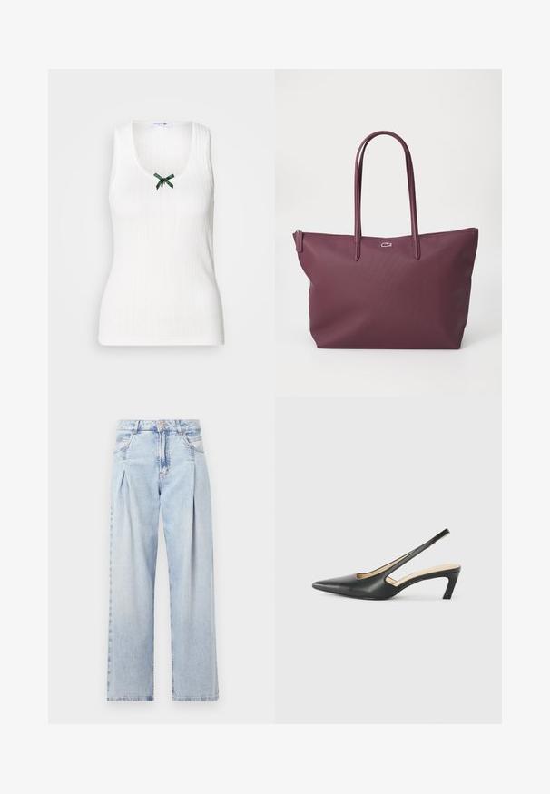 Witte mouwloze tanktop met ribbelstructuur, een V-hals en een groene strikaccent aan de voorkant. Heeft subtiele branding door het hele ontwerp.; Lichtblauwe denim jeans met een hoge taille, wijde pijpen, twee zijzakken en geplooid ontwerp. Zachte textuur met een vervaagd uiterlijk.; Zwarte puntige slingback schoen met een lage hak, gemaakt van soepel leer en voorzien van een uitsnede aan de zijkant voor ventilatie.; Tote bag in diep bordeaux, gemaakt van textuurmateriaal. Beschikt over twee verlengde handvatten en een subtiel logo aan de voorkant. Ritssluiting.