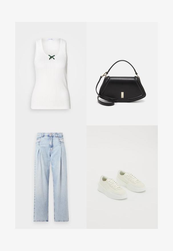 Canottiera bianca senza maniche con texture a costine, scollo a V e un accento a fiocco verde sul davanti. Presenta un logo sottile su tutta la superficie.; Jeans in denim azzurro chiaro con vita alta, taglio a gamba larga, due tasche laterali e design plissettato. Texture morbida con una finitura sbiadita.; Sneakers bianche basse con suole spesse e lacci, caratterizzate da dettagli perforati sui lati e sulla punta, esposte su uno sfondo bianco.; Borsa a mano in pelle nera con un design strutturato, caratterizzata da una forma corta, manico superiore e accessori in metallo dorato. Inclusa tracolla regolabile.