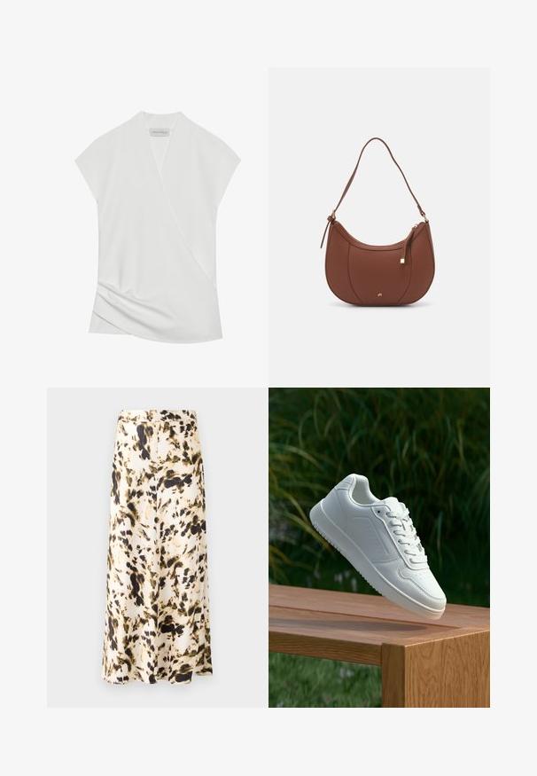 Weiße Bluse mit kurzen Ärmeln und Wickeldesign, mit sanften Drapierungen am Saum und einer glatten, weichen Textur. Etikett trägt den Schriftzug "ANNA FIELD."; Ein knielanger Rock aus einem leichten Stoff mit einem beige-, braun- und grünfarbigen abstrakten Muster. Verfügt über einen enganliegenden Taillenbund und ein fließendes Design.; Weiße Sneaker mit einem glatten, synthetischen Obermaterial, perforierter Zehenbox, flachen Schnürsenkeln und einer strukturierten Sohle, präsentiert auf einer Holzoberfläche.; Braune Kunstleder-Schultertasche mit geschwungener Form, minimaler Naht und goldfarbener Hardware-Akzent. Verfügt über einen oberen Reißverschluss und einen verstellbaren Trageriemen.