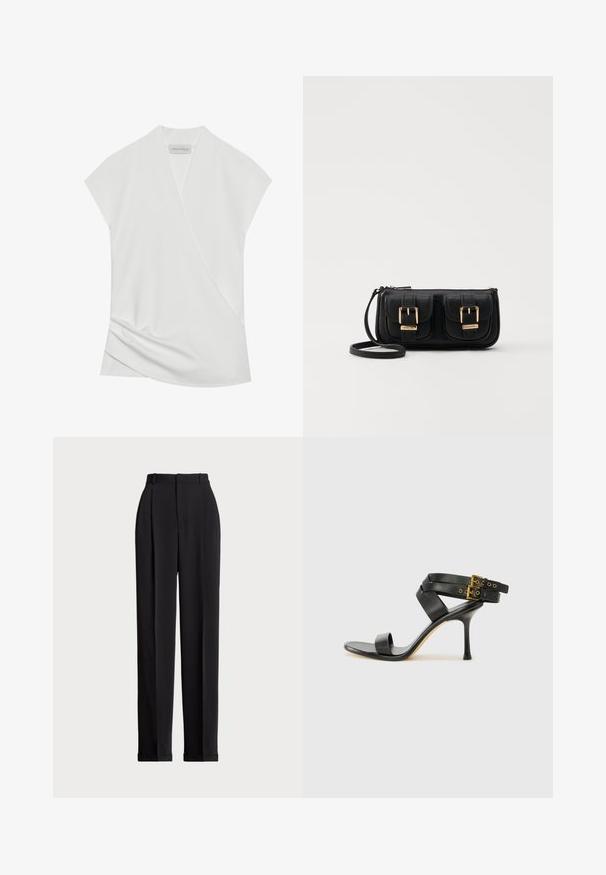 Weiße Bluse mit kurzen Ärmeln und Wickeldesign, mit sanften Drapierungen am Saum und einer glatten, weichen Textur. Etikett trägt den Schriftzug "ANNA FIELD."; Schwarze, taillierte Hose mit hoher Taille, mit Falten vorne, geradem Bein-Design und umgeschlagenem Saum. Aus glattem Stoff gefertigt.; Schwarze Absatzsandale mit gekreuzten Riemen und verstellbarem Schnallenverschluss. Sie verfügt über eine glatte Textur und einen schmalen Stiletto-Absatz.; Schwarze Leder-Umhängetasche mit zwei vorderen Taschen, goldenen Schnallen, Reißverschluss und einem schmalen Tragegurt. Texturierte Oberfläche und kompakte rechteckige Form.