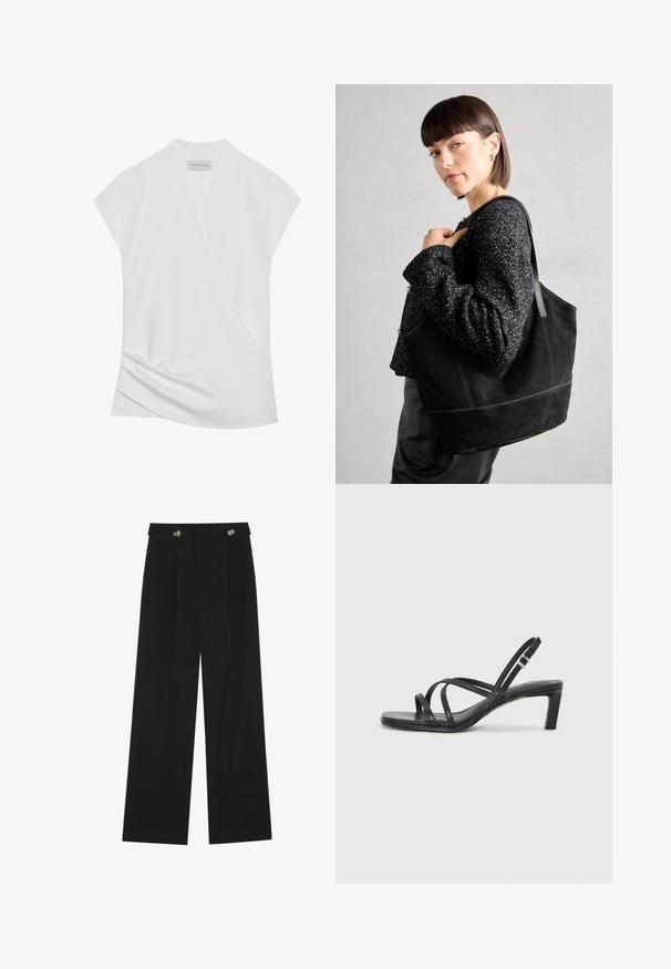 Hvid kortærmet bluse med indviklet design, der har diskret drapering ved kanten og en glat, blød tekstur. Mærket siger "ANNA FIELD."; Sorte vide bukser med høj talje, knapdetaljer på taljebåndet og frontfald.; Sort remsandale med firkantet tå og en lav blokeret hæl. Har flere tynde stropper og en justerbar ankelrem. Fremstillet af glat læder.; Sort ruskinds tote taske med en glat tekstur, struktureret form og kontrasterende syninger. Har lange stropper til skulderbæring.
