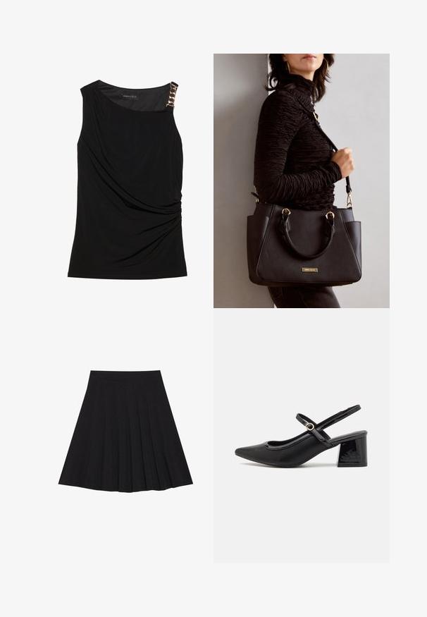 Svart ermeløs topp med samlet stoff, med en jevn halslinje og en dekorativ gullkjede-accent på venstre skulder.; Svart plisserte skjørt laget av teksturert stoff med en tettsittende linning. Går til knelengde, med en glatt, ren silhuett.; Sorte lakk lær slingback hæler med spiss tå, et avrundet utskjæringsdesign og blokkheel. Har en gulltone spenne som detalj.; Svart håndveske med teksturert overflate, doble topphåndtak og justerbar skulderrem. Har detaljer i gulltone og sidelommer.
