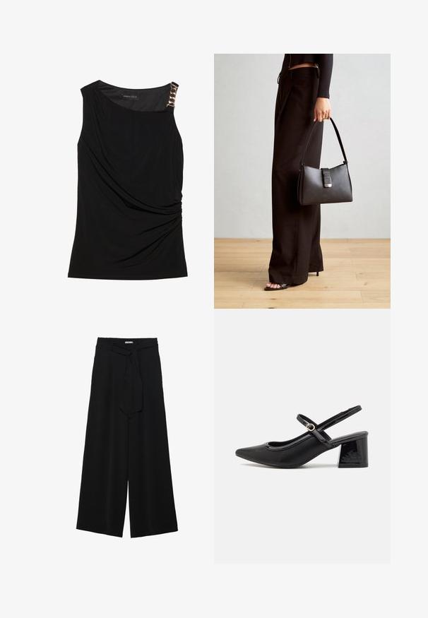 Černý bezrukávový top se staženou tkaninou, s hladkým výstřihem a dekorativním zlatým řetízkem na levém rameni.; Černé kalhoty s širokými nohavicemi, vyrobené z texturované tkaniny, s elastickým pasem a odnímatelným páskem na úpravu velikosti.; Černé lakované lodičky s otevřenou patou, špičatou špičkou, zaobleným střihem a blokovým podpatkem. Zdobené akcentem v zlatém tónu.; Černá kabelka se strukturovaným tvarem, hladkým povrchem a kovovým uzávěrem. Kombinována s širokými černými kalhotami a sandály s otevřenou špičkou na dřevěné podlaze.