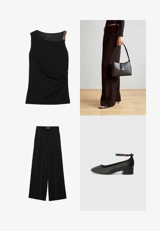 Svart ermeløs topp med samlet stoff, med en jevn halslinje og en dekorativ gullkjede-accent på venstre skulder.; Svart vide bukser med teksturert stoff, elastisk midje og avtagbart belte som gir justerbar passform.; Sorte skinnpumper med spiss tå og lav blokkhelt. Har ankelrem med gullfarget spenne. Glatt tekstur.; Svart håndveske med strukturert form, jevn tekstur og metallisk lås. Kombinert med brede svarte bukser og sandaler med åpen tå på tregulv.