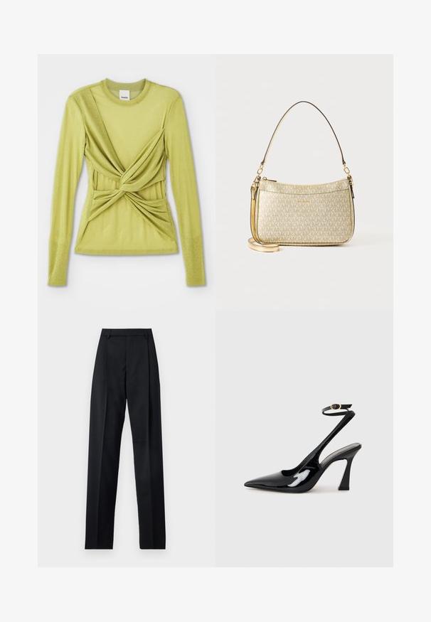 Blusa de manga longa em tecido verde claro, com detalhes de nó torcido na cintura e um decote redondo. Textura suave, design ajustado.; Calças pretas feitas de um tecido suave, com uma cintura alta, pernas largas, pregas frontais e passadores de cinto clássicos. Não há bolsos laterais visíveis.; Sapatilhas de salto alto em verniz preto, com bico afiado, tiras ajustáveis no tornozelo e um salto quadrado moderado. Textura suave com acabamento brilhante.; Mala com textura dourada, equipada com uma alça de couro suave, apresentando um fecho zip e um padrão de logotipo discreto impresso na superfície.