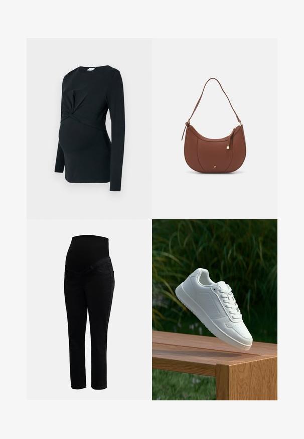 Svart langermet graviditetstopp med vridd frontdetalj, laget av mykt stoff, med en tettsittende fasong og rund halslinje.; Svarte graviditetsjeans med elastisk høy midje og smale ben, designet for komfort og støtte under graviditeten.; Hvite sneakers med en glatt syntetisk overdel, perforert tåboks, flate snørebånd og en teksturert såle, vist på en treflate.; Brun kunstlæder skuldertaske med buet form, minimal syning og detaljer i guld-tonet hardware. Har en top lynlås lukning og justerbar rem.