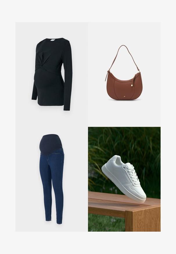 Čierne tehotenské tričko s dlhým rukávom a prekrúteným predným detailom, vyrobené z mäkkej tkaniny, s priliehavým strihom a okrúhlym výstrihom.; Tehotenské džínsy v tmavomodrom denime, s elastickým tmavým pásom a slim-fit dizajnom s vreckami.; Biele tenisky s hladkým syntetickým zvrškom, perforovanou špičkou, plochými šnúrkami a textúrovanou podrážkou, vystavené na drevenej ploche.; Hnedá umelá kožená taška cez rameno s zakriveným tvarom, minimalistickým šitím a zlatými akcentami. Obsahuje zips na vrchu a nastaviteľný popruh.