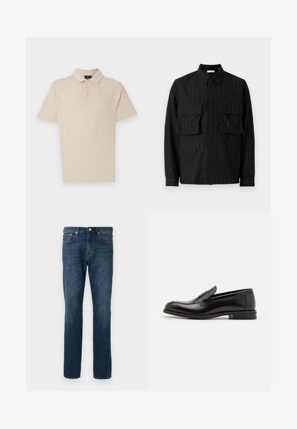 Béžové polo tričko vyrobené z měkké bavlněné směsi, s klasickým límečkem, tříknoflíkovou légou a krátkými rukávy. Jednoduchý a všestranný design.; Černá košile s dlouhým rukávem, která má vertikální pruhy, dvě kapsy na hrudi, límeček a zapínání na knoflíky. Měkká, strukturovaná tkanina.; Tmavě modré džínové kalhoty, rovného střihu, s pěti kapsami, zapínáním na knoflíky, s jemným vyblednutím a detaily prošití. Hladká textura.; Černé kožené polobotky s hladkou texturou, zaoblenou špičkou a zdobným páskem přes nárt. Nízký stohovaný podpatek, minimalistický design.