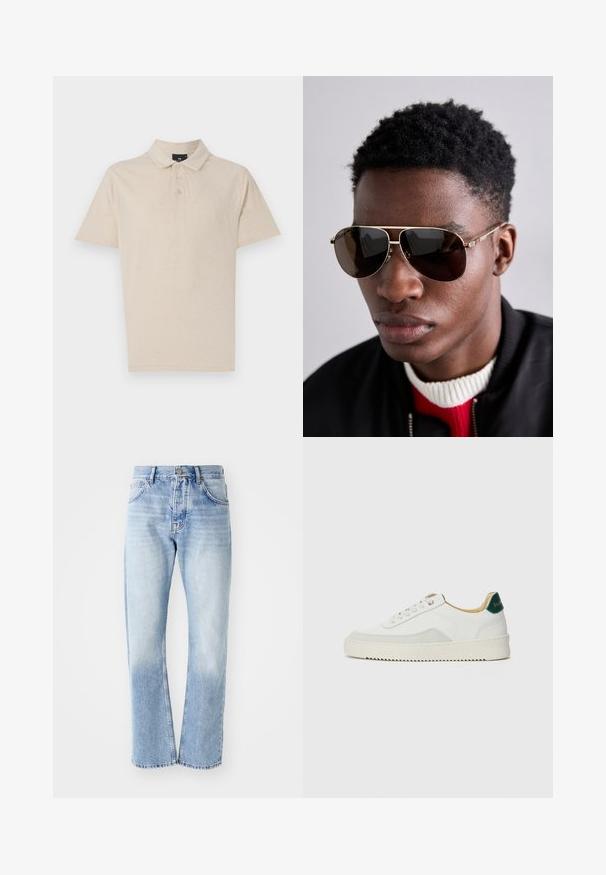 Beige polo skjorte lavet af blød bomuldsblanding, med en klassisk krave, tre knaplukninger og korte ærmer. Simpelt og alsidigt design.; Lyseblå denim jeans med lige ben. Har en fem-lomme design, knaplukning og en falmet tekstur mod bunden.; Hvide sneakers med ruskindsdetaljer, rund tå, flade snørebånd og en cremet gummisål. Har grøn branding på hælen.; Brune solbriller med guld accenter og en grøn-rød-grøn stripe på stængerne, båret med en sort bomberjakke over en rød og hvid sweater.