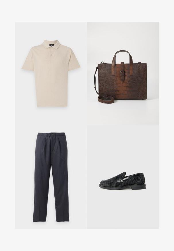 Šviesiai ruda polo marškinėlių, pagamintų iš minkšto medvilnės mišinio, su klasikiniu apykakle, trimis mygtukais ir trumpomis rankovėmis. Paprastas ir universalaus dizaino.; Tamsiai mėlynos kelnės, pagamintos iš švelnios medžiagos, su klostėtu priekiu ir elastingu juosmeniu. Yra mygtuko užtrauktukas ir tiesios išklikimo pjūvis.; Juodas pintas slip-on tipo batelis su lygiu odiniu akcentu viršuje, apvalios nosies dizainas ir žemas guminis padas.; Rudos krokodilo rašto odos rankinė su viršutinėmis rankenomis ir nuimamu peties dirželiu. Yra sagties užsegimas ir stačiakampis pavidalas.