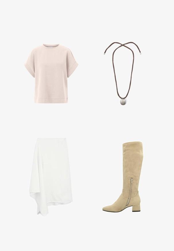 Lichtroze sweatshirt met korte opgerolde mouwen, ronde halslijn, zachte textuur en een losse pasvorm. Heeft een rechte zoom aan de onderkant.; Lange mouwen shirt in lichtgrijs en wit, met verticale strepen, een kraag en knopenmanchetten. Gemaakt van een ge Textureerd, lichtgewicht stof.; Asymmetrische witte rok gemaakt van zachte, lichte stof; rafelafwerking aan de onderkant; gladde textuur; valt elegant aan één kant.; Beige suède kniehoog laars met een spitse neus, blokhak en een rits aan de zijkant voor eenvoudig aan- en uittrekken. Gladde textuur en minimalistisch ontwerp.; Halsketting met een bruine koord en een zilveren ovale hanger. De hanger heeft een glad oppervlak en een lichte indeuking in het midden.