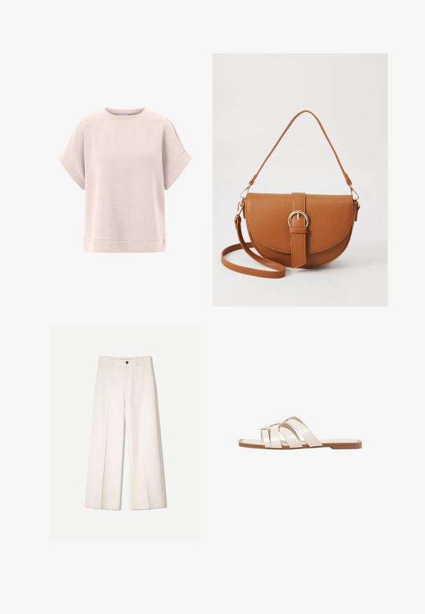 Felpa rosa chiaro con maniche corte arrotolate, scollo rotondo, texture morbida e vestibilità ampia. Presenta un orlo dritto sul fondo.; Pantaloni larghi color crema con design sartoriale, dotati di due tasche frontali e una chiusura con bottone anteriore, realizzati in tessuto liscio.; Infradito con suola in gomma color talpa, progettate con tre cinturini in pelle bianca sovrapposti e un piccolo dettaglio a fiocco al centro.; Borsa a tracolla in pelle marrone con forma curvata, hardware dorato e un dettaglio con fibbia. Presenta una tracolla rimovibile.