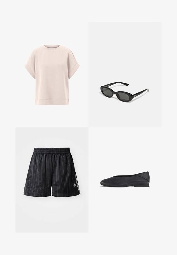 Világos rózsaszín pulóver, rövid, felgöngyölített ujjakkal, kerek nyakkivágással, puha tapintású anyagból, laza szabással. Az alján egyenes szegély található.; Fekete sportnadrág fehér függőleges csíkokkal, rugalmas derékpánttal és oldalzsebekkel. Az alsó bal részen fehér márkajelzés található.; Fekete bőr lapossarkú cipő, kerek orral és alacsony sarkával, amely akár hétköznapi, akár formális viseletre készült.; Fekete napszemüveg ovális lencsékkel, fényes műanyag kerettel és karcsú szárakkal. A Ray-Ban logó fehér színben látható az oldalon.; DRAGON DIFFUSION SANTA CROCE - Kézitáska - black