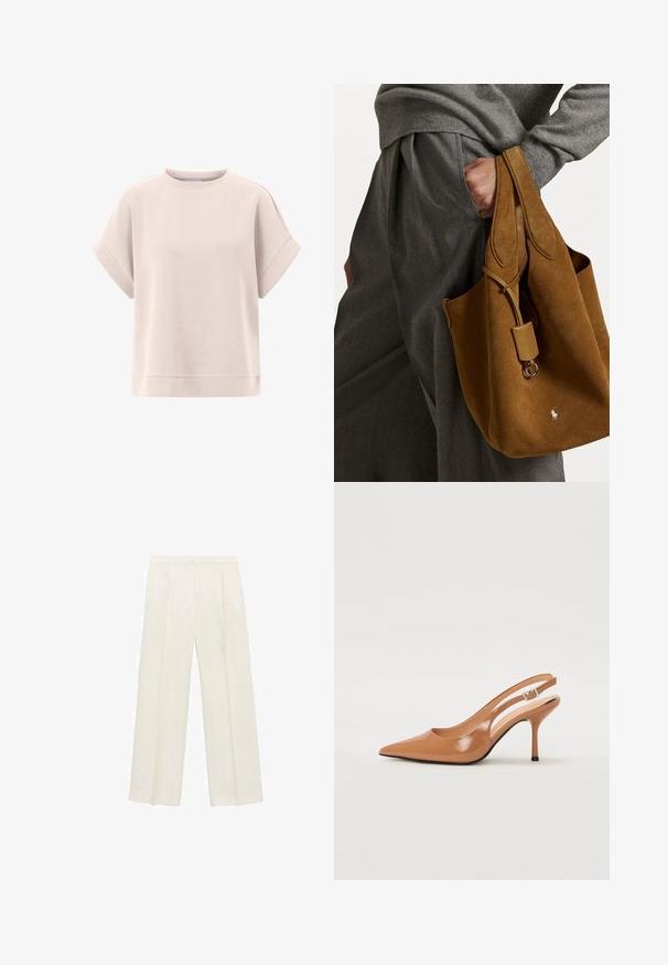 Vaaleanpunainen collegepaita, jossa on lyhyet, käännetyt hihat, pyöreä kaula-aukko, pehmeä materiaali ja löysä istuvuus. Alhaalla suora helma.; Valkoiset leveälahkeiset housut vaaleassa kermassa. Valmistettu sileästä kankaasta, jossa on laskokset edessä ja sivutaskut.; Korkokenkä, jossa on terävä kärki ja avonainen kanna, valmistettu sileästä, kiiltävästä ruskeasta materiaalista. Sisältää kaarevan leikkuun muotoilun ja hoikan stilettokannan. Hopeinen solkiyksityiskohta.; Ruskea mokkanahkainen kassis on pyöreä muoto, kaksinkertaiset kahvat ja metallinen yksityiskohta. Edessä on pieni logo.