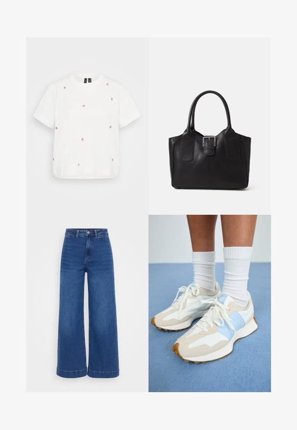 Witte katoenen t-shirt met korte mouwen, versierd met meerdere geborduurde kleine aardbeien in roze en groen. Ontspannen pasvorm, ronde hals.; Hoge taille wijdvallende jeans in middelblauwe denim, met een knoopsluiting, riemlussen en een schone zoom zonder slijtage.; Lichte sneakers met een beige en lichtblauw ontwerp. Bevatten suède en mesh materialen, witte veters en een gestructureerde gumrubberen zool.; Zwarte leren tote bag met een gladde textuur, gestructureerde vorm, twee handvatten en een opvallend zilveren sluitingdetail aan de voorkant.