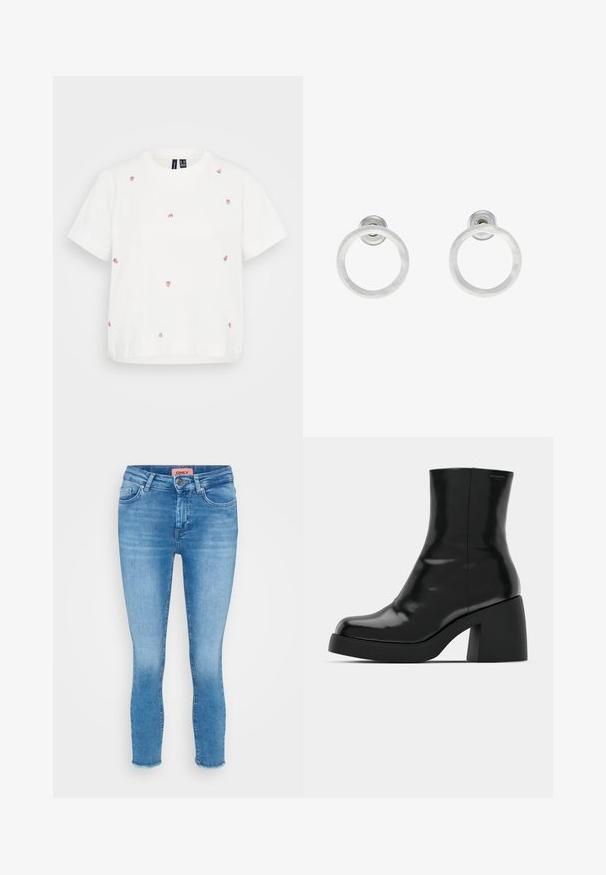 Valge puuvillane T-särk lühikeste varrukatega, millel on mitmed broderitud väikesed maasikad roosa ja rohelise värviga. Lõdva istuvusega, ümmargune kaelus.; Heledad sinine denimist kitsad teksad keskmise kõrgusega vöökohaga, viie tasku ja toore äärisega pahkluudes. Brändi silt on nähtav vöökohal.; Mustad mustad, läikiva viimistlusega, ruudukujulise varbaga ja paksu plokktallaga. Kujundus sisaldab sujuvat siluetti ja minimaalset brändimist.; Hõbedased metallist rõngastooted, millel on harjatud tekstuur, ümmargune disain ja selge tagumine post, tagamaks kindlat kandmist.