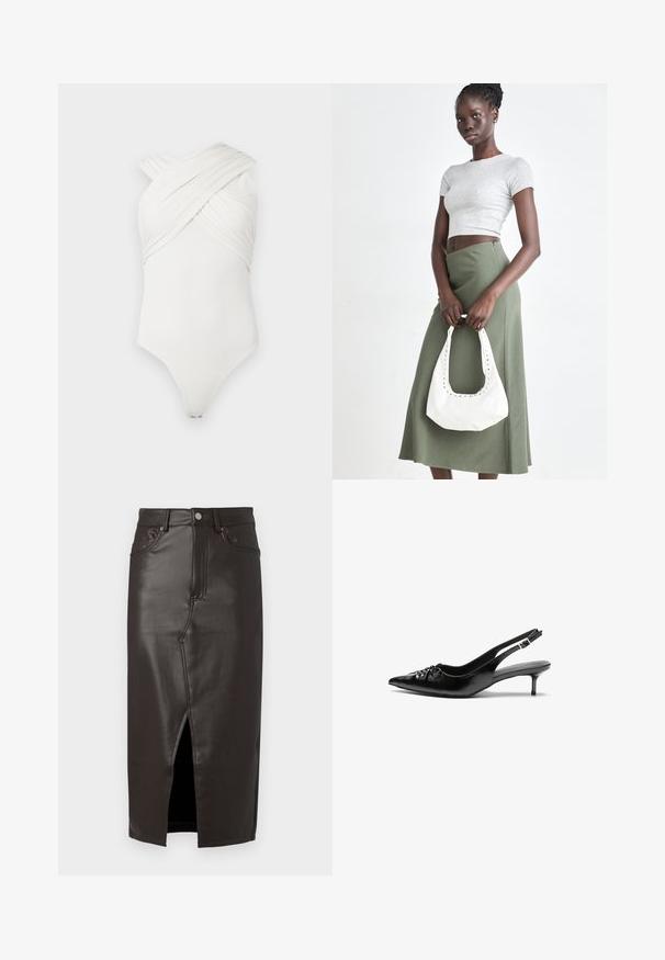 Fehér testharisnya átlós kialakítással, sima, rugalmas anyagból; elöl ráncolt részletekkel és patentos záródással az alján.; Barna bőr midi szoknya elöl hasítékkal, öt zsebes kialakítással és fémből készült gombos záródással. Sima textúrájú és szabott fazonú.; Fekete bőrből készült slingback magassarkú cipők hegyes orral, kis francia sarokkal és díszes csomóval az elején. Az egész felületen sima textúra.; Szürke bordázott cropped top és olajzöld, magas derékú szoknya. A modellen egy fehér válltáska van, amely kivágott részletekkel rendelkezik. Egyszerű dizájn, testhezálló sziluett.