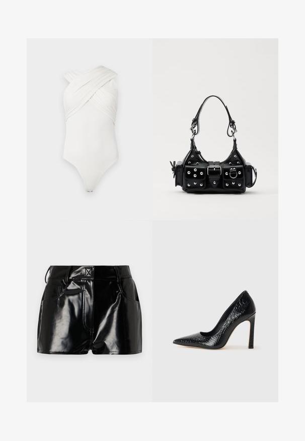 White bodysuit with a cross-over design, made of smooth, stretchy fabric; features gathered detailing at the front and snap closure at the bottom.; Black, glossy shorts made of synthetic material. Features a fitted waist, belt loops, and front pockets with prominent stitching details.; Black pointed-toe high heel shoe with a crocodile-skin texture, featuring a sleek design, high stiletto heel, and smooth black interior.; Black leather handbag with a curved design, featuring silver studs, a buckle, and two side pockets. Adjustable strap for carrying options.