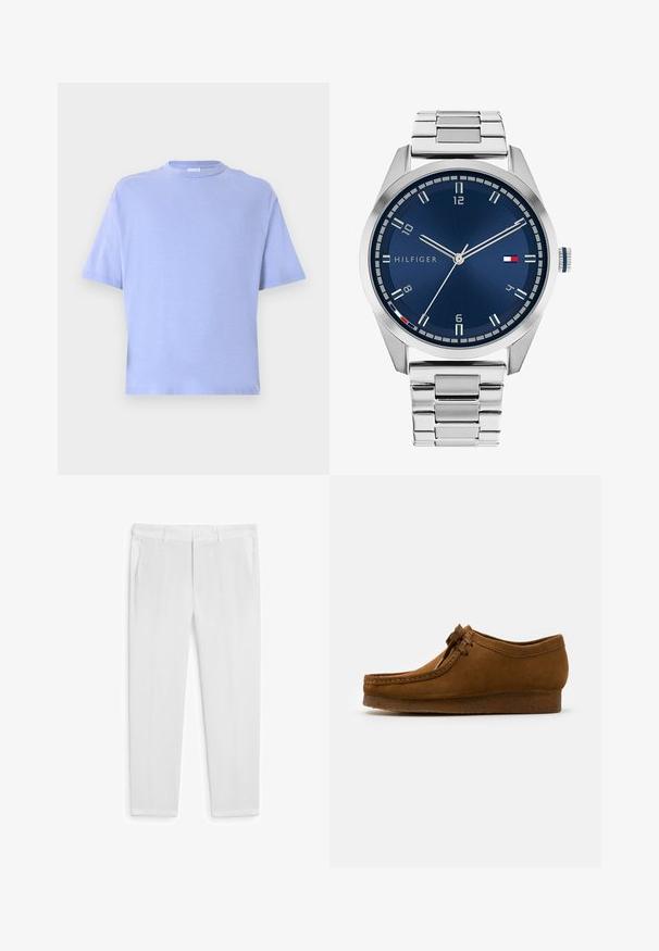Světle modré tričko s krátkým rukávem, bavlněný materiál, kulatý výstřih, mírně uvolněný střih, hladká textura, bez vzorů nebo akcentů.; Bílé lněné kalhoty s rovnými střihy, které mají dvě přední kapsy a knoflíkovou légu. Hladká textura, žádné viditelné vzory nebo akcenty.; Hnědé semišové boty s kulatou špičkou a nízkým podpatkem, s detailním prošíváním podél švů a šněrováním vpředu. Měkká textura s elegantním designem.; Stříbrné kovové hodinky s broušeným modrým ciferníkem, bílými hodinovými indexy a zobrazením data. Mají spojený kovový pásek a logo značky.