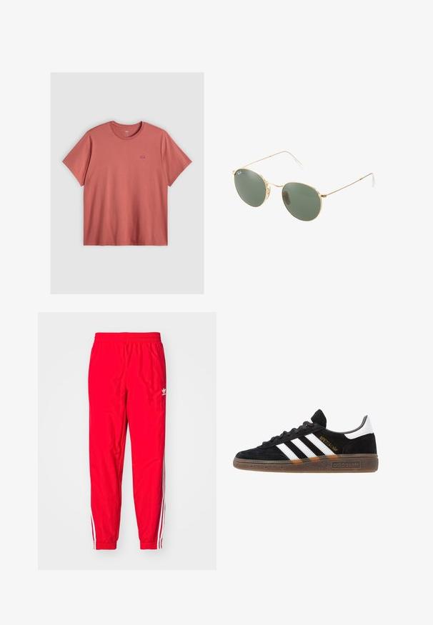 T-shirt de mangas curtas numa cor coral desgastada, feita de algodão e com um decote redondo. Apresenta um pequeno logótipo vermelho da Levi's no lado esquerdo do peito.; Calças atléticas vermelhas com um cinto elástico, detalhes brancos em listras ao longo dos lados e um pequeno logotipo branco na coxa esquerda.; Sapatilha Adidas preta com riscas brancas, texto dourado "Spezial", sola de borracha e aba do calcanhar branca, apresentada em vista lateral.; Óculos de sol com armação metálica dourada e lentes verdes, de forma redonda, com hastes finas e detalhes em plástico branco nas extremidades das hastes.