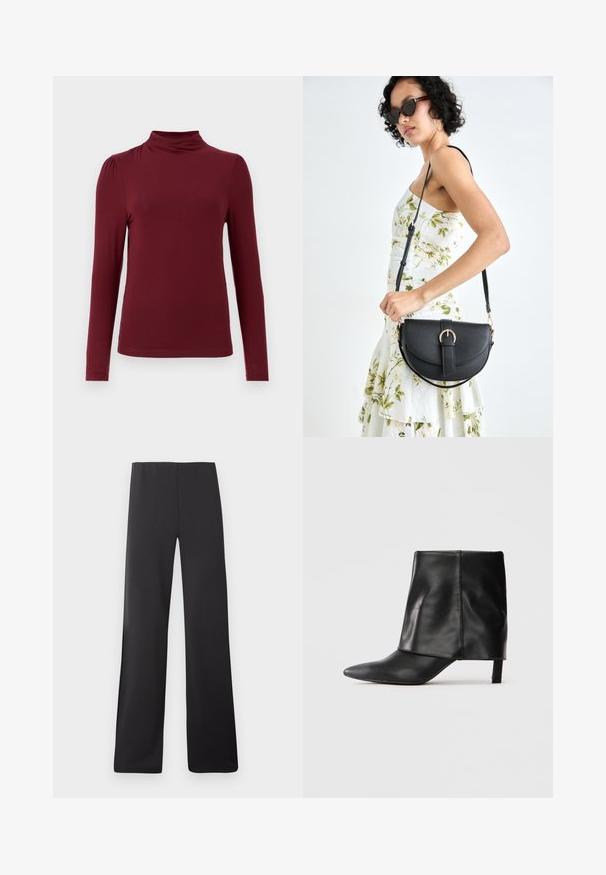 Blusa de manga longa bordeaux com gola alta, textura suave, discretas pregas nos ombros e silhueta ajustada. Confeccionada em tecido elástico.; Calças largas pretas feitas de um tecido liso, com uma cintura alta e um design de comprimento total sem padrões ou acessórios visíveis.; Bota de couro preta até o meio da panturrilha com bico fino, parte superior dobrada e salto baixo e esguio, em fundo branco.; Bolsa de couro preta com forma curva, alça destacável e detalhes em dourado. A bolsa possui uma aba com detalhe de fivela.