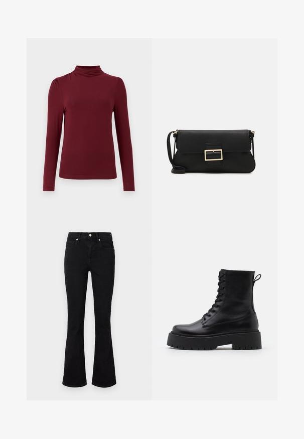 Bordeaux langemouwtop met een hoge hals, soepel textuur, subtiele schouderplooien en een aansluitende silhouet. Gemaakt van rekbare stof.; Zwarte flared jeans van denim, met een middelhoge taille, voorzakken en knoopsluiting. Soepele textuur met minimale stikdetails.; Zwarte leren enkelboots met een ronde neus, vetersluiting aan de voorkant en een dikke rubberen zool met een gestructureerd profiel. Trekbandje aan de achterkant.; Zwarte leren clutch met een klep en een gouden metalen sluiting. Inclusief een zwarte schouderband en een slank, minimalistisch ontwerp.
