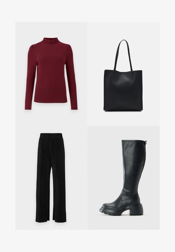 Bordeauxfarbenes langärmliges Oberteil mit einem Stehkragen, glatter Textur, dezenten Schulterfalten und figurschmeichelndem Schnitt. Hergestellt aus elastischem Material.; Schwarze plissierte Hose mit elastischem Bund. Verfügt über weite Hosenbeine und einen glatten, strukturierten Stoff mit vertikalen Streifen.; Hoher schwarzer Lederstiefel mit einer robusten Plateausohle und Blockabsatz, der über eine Zuglasche und ein strukturiertes Profil an der Außensohle verfügt.; Schwarze Laptoptasche aus Leder mit glatter Textur, rechteckiger Form und zwei langen Griffen. Keine sichtbaren Beschläge oder Verzierungen.
