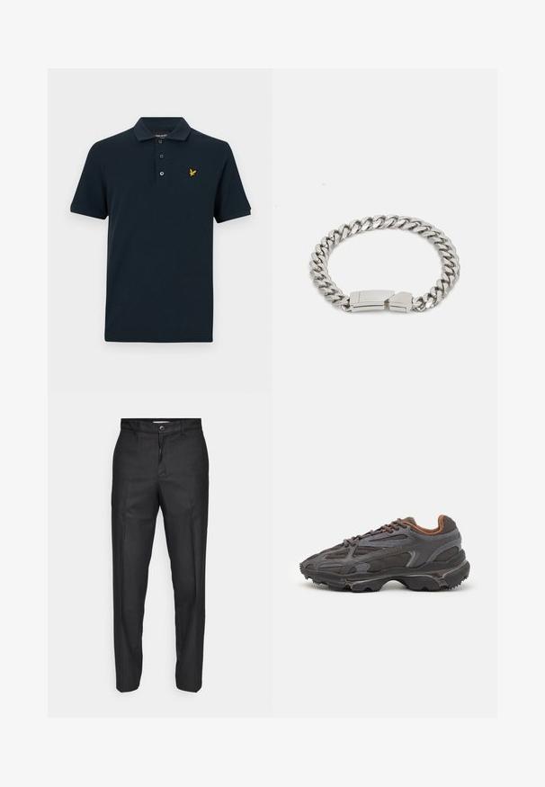 Marineblå poloshirt laget av bomull, med klassisk krage, tre-knapps knappestang og en liten gul ørn-logo på venstre bryst.; Sorte bukser laget av et glatt stoff, med knappelukking foran, rette ben og ingen synlige lommer eller mønstre.; Lacoste-sneakers i mørkegrått med mesh- og syntetisk materiale, med en teksturert såle og brune detaljer på kragen og merket.; Calvin Klein ELECTRIC - Armbånd - silver-coloured