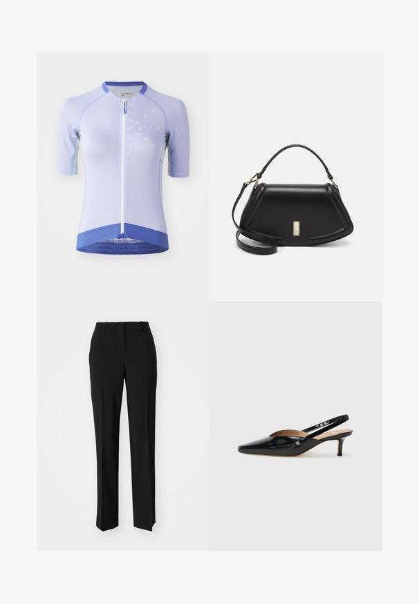 Kratka kolesarska majica s kratkimi rokavi v svetlo vijolični barvi, ki ima pol-celo zadrgo spredaj, mrežasto teksturo in temnejše vijolične akcentne dele na robu in ovratniku.; Črne krojene hlače s direktnim krojem, ki se ponašajo z gladko teksturo in ostrimi pregibi spredaj. Ni vidne kovine.; Črne patentne usnjene slingback salonarje s koničastim nosom, majhnim členkom in izrezljanim dizajnom na vrhu. Akcenti iz zlatega tona na strani.; Črna usnjena torbica s strukturnim dizajnom, ki ima skrajšano obliko, zgornji ročaj in zlate dodatke. Vključena je nastavljiva ramenska naramnica.