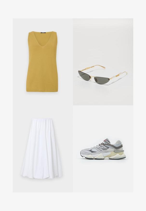 Horčicovožltý tielko bez rukávov s V-výstrihom, vyrobené z textúrovanej pleteniny, s jednoduchým, rovno strihaným dizajnom.; Biela sukňa po členky s elastickým pásom, vyrobená z ľahkej tkaniny s hladkou textúrou a nadýchaným strihom.; Šedé semišové a sieťové tenisky s hrubou bielou a béžovou podošvou, ktoré majú výrazné biele logo a červené akcenty.; Slnečné okuliare so zlatým rámom a tmavošedými sklami. Pôvodný tvar mačacích očí. Rámiky sú zdobené striedajúcimi sa zlatými korálkami a perlami.