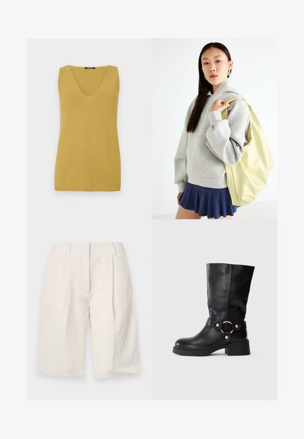 Karamelinio geltonumo be rankovių palaidinė su V formos iškirpte, pagaminta iš tekstūruoto mezginio medžiagos, su paprastu, tiesiu kirpimu.; Balti lininiai šortai su pritaikytu dizainu, klostuota priekinė dalis ir plačios kojų angos. Lygus audinys ir vidutinio ilgio iki šlaunies.; Juodos odinės ilgos puskojinės botai iki blauzdos su masyviu kulnu ir dekoratyvia juostele, kurią puošia auksinė apvalia sagtis, ant balto fono.; Pilkos spalvos per didelis džemperis su kengūros kišene, derinamas su tamsiai mėlynu plačiu sijonu. Acessuaras: didelė šviesiai geltona kuprinė, lygaus paviršiaus.