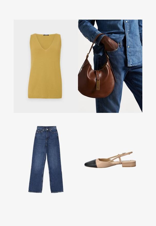 Senapsgul ärmlös topp med V-ringning, tillverkad av ett strukturerat stickat material, med en enkel, rak skärning.; Bredbenta blå denimjeans med hög midja, med knäppning, fem fickor och subtila blekningar på tyget.; Beige och svart tvåtonad slingback-sko med spetsig tå, platt klack och korsade remmar. Slät läderstruktur.; Brun läder hobo-väska med en rund form, som har en accent av guldmetall och kontrasterande sömmar. Kombinerad med en denimskjorta och jeans.