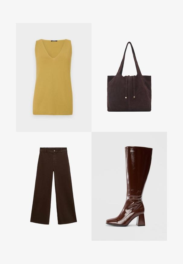 Top senza maniche color giallo senape con scollatura a V, realizzato in un materiale a maglia testurizzato, caratterizzato da un design semplice e dritto.; Pantaloni larghi marroni in misto cotone, caratterizzati da orlo sfrangiato, chiusura frontale con bottone e classico design a cinque tasche. Minimalisti e versatili.; Stivali marroni in pelle verniciata alti fino al ginocchio, con punta quadrata, finitura lucida e taccochunky per stabilità. Design senza soluzione di continuità senza hardware visibile.; Mango Shopping bag - dark brown