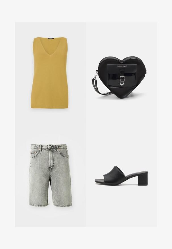 Senfgelbes ärmelloses Oberteil mit V-Ausschnitt, aus einem strukturierten Strickmaterial gefertigt, mit einem schlichten, geraden Schnitt.; Grau denim Shorts mit klassischem Fünf-Taschen-Design, einem verwitterten Finish und gestickten Details am Saum und der Taille.; Schwarze Leder-Mules mit Blockabsatz und offenem Zehenbereich, mit einer glatten Oberfläche und einem leicht geschwungenen Schaft für Komfort und Stil.; Schwarze, herzförmige Tasche aus Lackleder mit einer Vordertasche, die über einen Schnallenverschluss verfügt, sowie einem abnehmbaren Trageriemen. Silberne Hardware-Details.