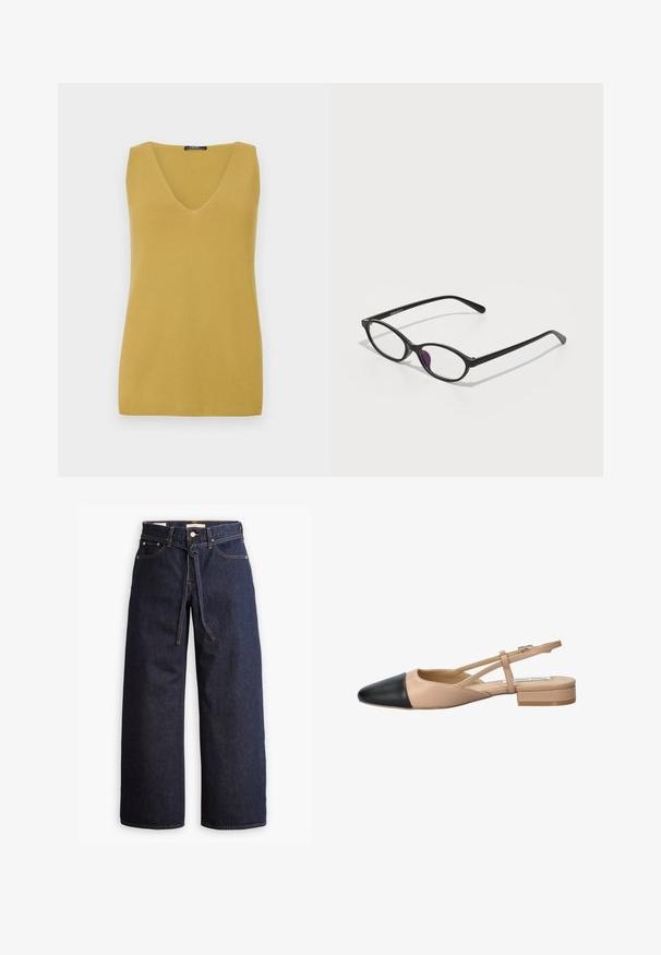 Hořčicově žlutý top bez rukávů s véčkovým výstřihem, vyrobený z texturovaného pleteného materiálu, s jednoduchým, rovně střiženým designem.; Široké tmavě modré džíny se zvýšeným pasem, opatřené stahovací šňůrou, pěti kapsami a kontrastním prošíváním.; Beige a černé dvoubarevné slingback boty s špičatou špičkou, plochým podpatkem a křížovými popruhy. Hladká kožená textura.; Černé plastové brýle oválného tvaru, vybavené průhlednými čočkami a jedním fialovým akcentem na levé čočce. Elegantní, minimalistický design.; Hnědá kožená hobo taška zaobleného tvaru, se zlatým kováním a kontrastním prošíváním. V kombinaci s džínovou košilí a džíny.; Pilgrim JACE - Náušnice - gold-coloured