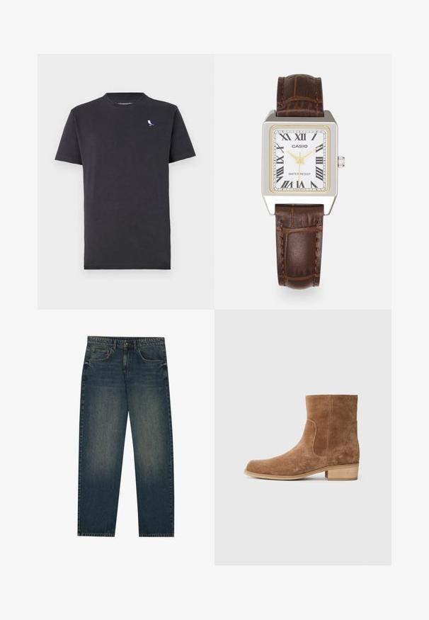 Schwarzes Baumwoll-T-Shirt mit Rundhalsausschnitt und kurzen Ärmeln, mit einem kleinen mehrfarbigen Vogel-Logo auf der linken Brust.; Dunkelblaue Denim-Jeans mit geradem Schnitt, fünf Taschen-Design und leichter Waschung an den Beinen. Geeignet für legere Anlässe.; Braune Wildleder-Ankle-Boots mit leicht abgerundeter Zehenpartie, niedrigem, gestapeltem Holzabsatz, elastischen seitlichen Einsätzen und glatten Nähten entlang der Säume.; Rechteckige Casio-Uhr mit weißem Zifferblatt, goldenen Akzenten, römischen Ziffern und einem braunen Lederarmband im Krokodil-Muster. Wasserdichtes Design.