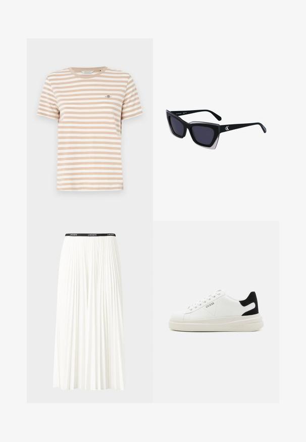 Beige en witte gestreepte T-shirt met een ronde hals, korte mouwen en een klein logo op de linkerborst. Zacht katoen materiaal.; Plisséminirok in het wit met een zwarte elastische tailleband met het "LACOSTE"-logo. Middellange ontwerp met een zachte textuur.; Witte leren sneakers met een dikke witte zool, zwarte suède hielaccent en een geperst logo op de zijkant. Vetersluiting met zes oogjes.; Zwarte oversized zonnebril met een geometrische vorm, voorzien van donkere glazen en een contrasterend grijs detail op het montuur. Logo op de arm.