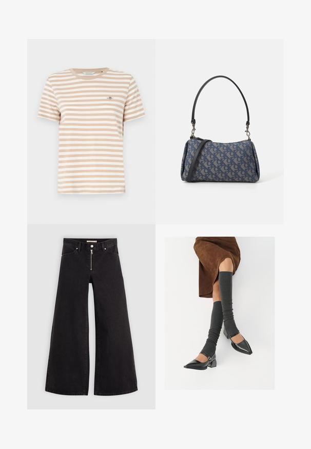 Tricou bej cu dungi albe, cu guler rotund, mâneci scurte și un mic logo pe partea stângă a pieptului. Material moale din bumbac.; Jeans cu picioare largi din denim negru, cu fermoar în față, design cu cinci buzunare și detalii subtile de cusătură. Textură netedă și stil casual.; Pantofi negri din piele lacuită, cu vârful ascuțit, toc bloc și curea la glezna, asortați cu jambiere gri cu nervuri și o fustă din suede maro.; Geantă de mână cu un model albastru, confecționată din țesătură, având o formă curbată, curea din piele neagră și un design al logo-ului într-o nuanță mai deschisă.