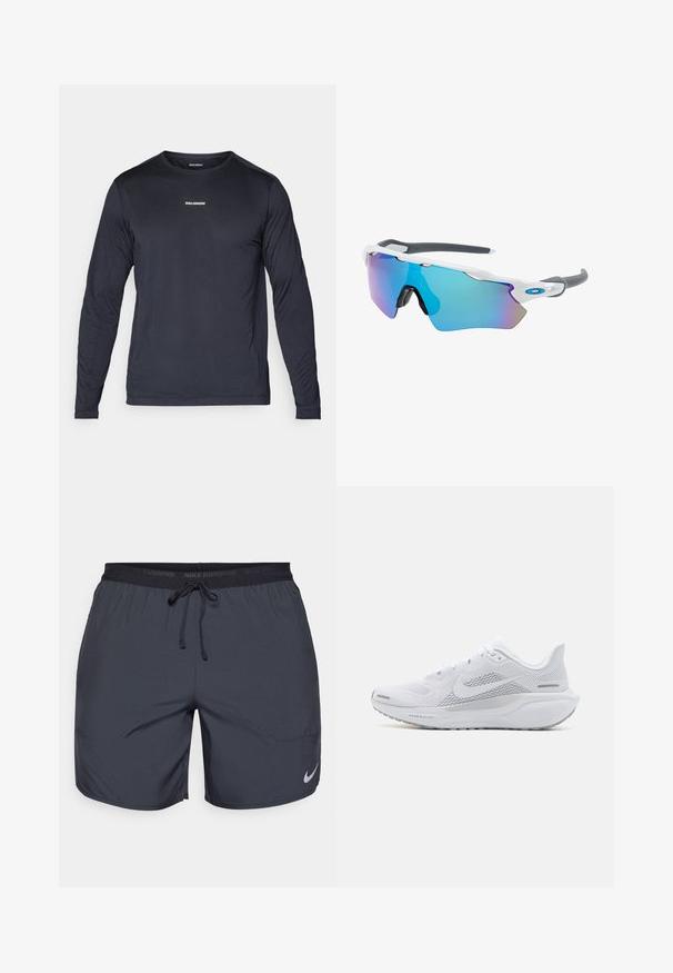 Langärmliges, marineblaues Sportshirt aus leichtem, atmungsaktivem Material mit strukturierter Oberfläche und kleinem weißen Logo auf der Brust.; Dunkelgraue Nike Laufshorts mit einem elastischen Bund und einem Zugband sowie einem silbernen Logo-Akzent am unteren rechten Bein.; Weißer Sportschuh mit einem Obermaterial aus Mesh, glatten Überzügen, grauen Akzenten, Schnürsenkeln und einer gepolsterten Sohle, die für Leistung ausgelegt ist.; Sonnenbrille mit einem weißen Rahmen, grauen Akzenten und blauen Spiegellinsen. Sportliches Design, umschließende Form und verstellbare Nasenpads.