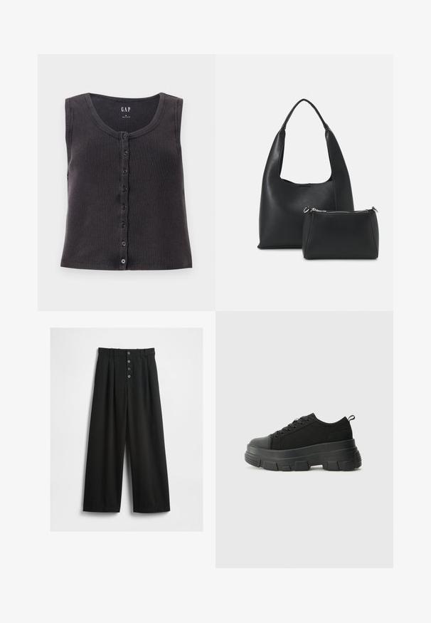 Tumehall ribaga ilma varrukateta pluus ümmarguse kaelusega ja nööpide eesmassiga. Disainil on peen tekstuur ja kuus musta nööpi.; Laiad mustad püksid, mis on valmistatud tekstuuriga kangast. Omab kõrget vööd, viie nööbiga esist fasteningut ja pressitud voldid lisadetailideks.; Mustad mustad mustikad, millel on tugev kummist põhi, tekstuuriga kangast pealis, ümar varvas ja seotud disain. Omab tugevdatud silmuseid ja tagumist tõmbeotsta.; Even&Odd Käekott - black